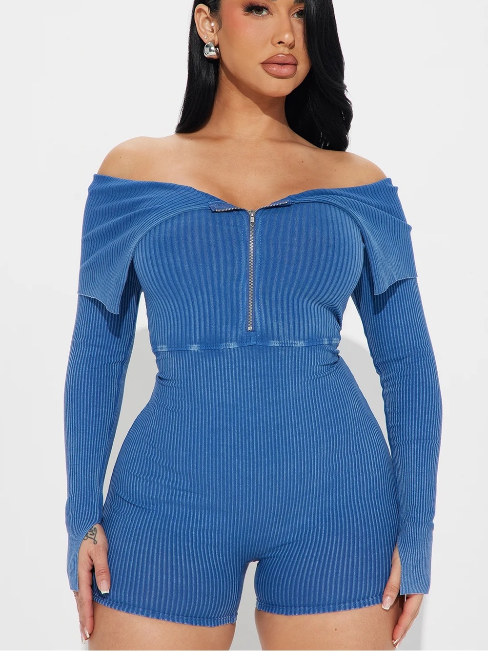 NWOT Fashion Nova Blue Acid Wash Off-Shoulder Zip Romper